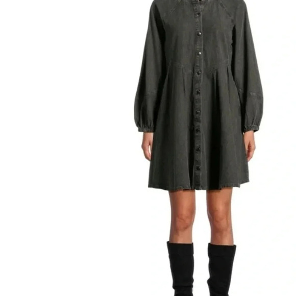 Time and Tru Women's Button Front Denim Mini Dress with Long Sleeves,A3 - Picture 2 of 13